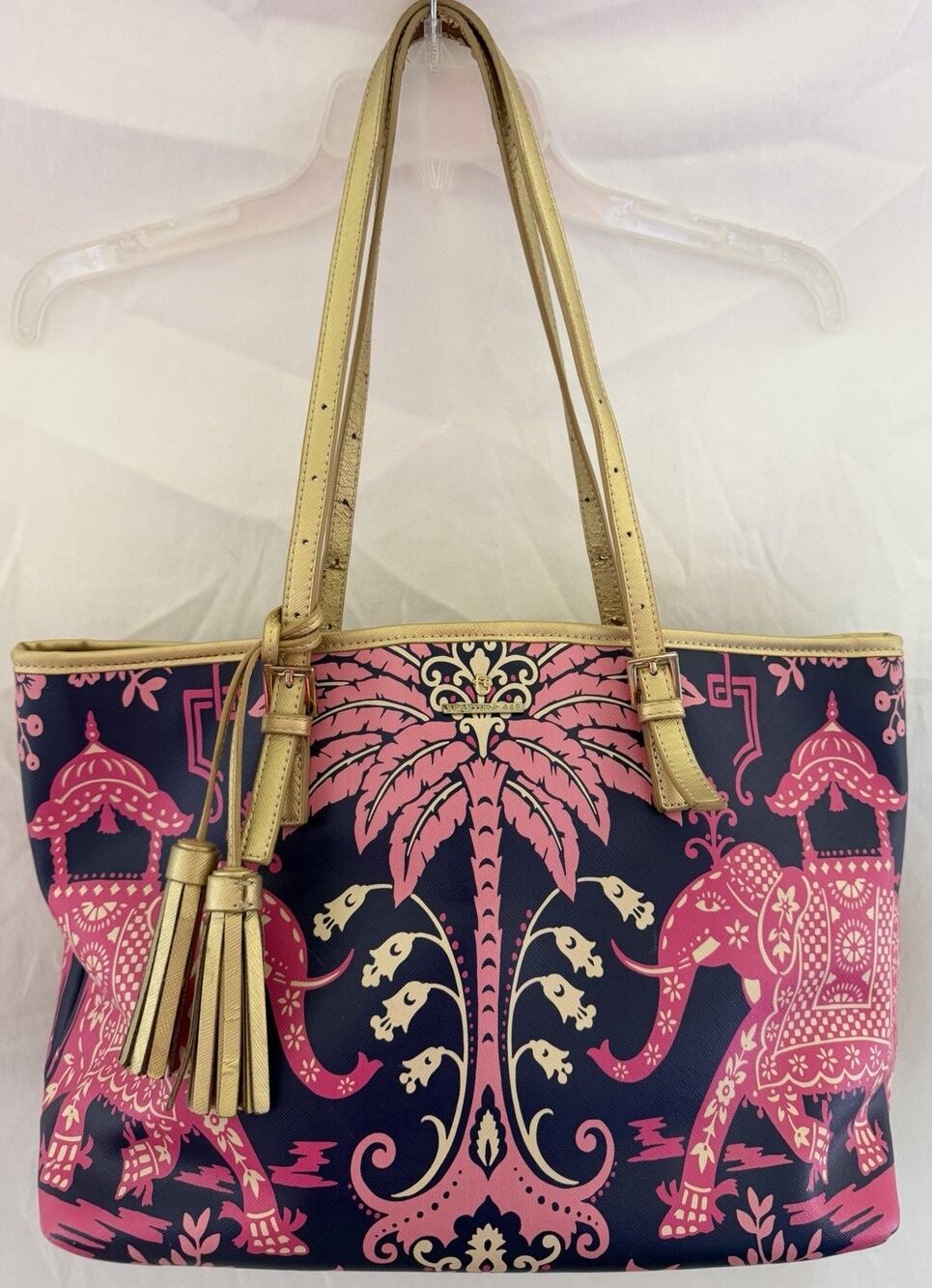 Spartina 449 Retreat Pink Elephant Large Tote Bag Gold Leather Strap Palm Tree